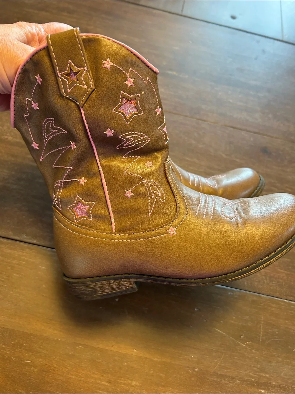 Wonder Nation Brown Faux Leather with Pink Glitter Stars Cowboy Boots